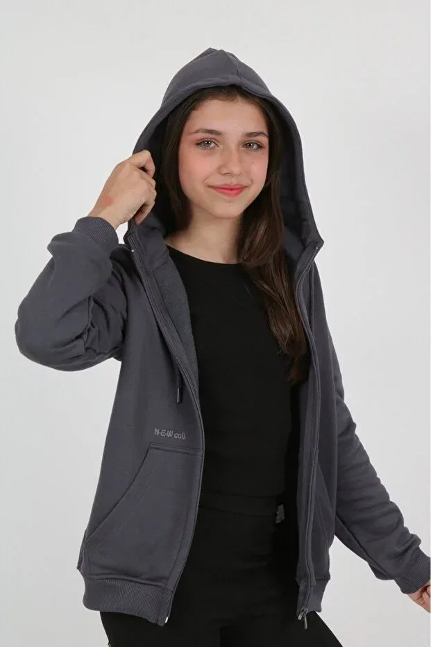 Детское худи-кардиган для девочек с принтом Smoked Girl's Smoked Hooded Zippered Pocket Low Shoulder Embroidery Printed Knitted Cardigan Toontoy, Smoke Grey — фото 3
