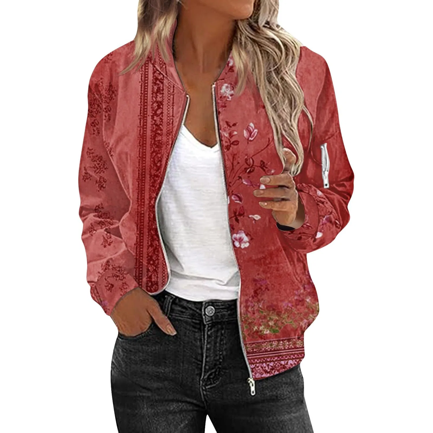 Женская куртка-бомбер с принтом, модель Summer Printed Slim Jacket, Rosso 4 — фото 3
