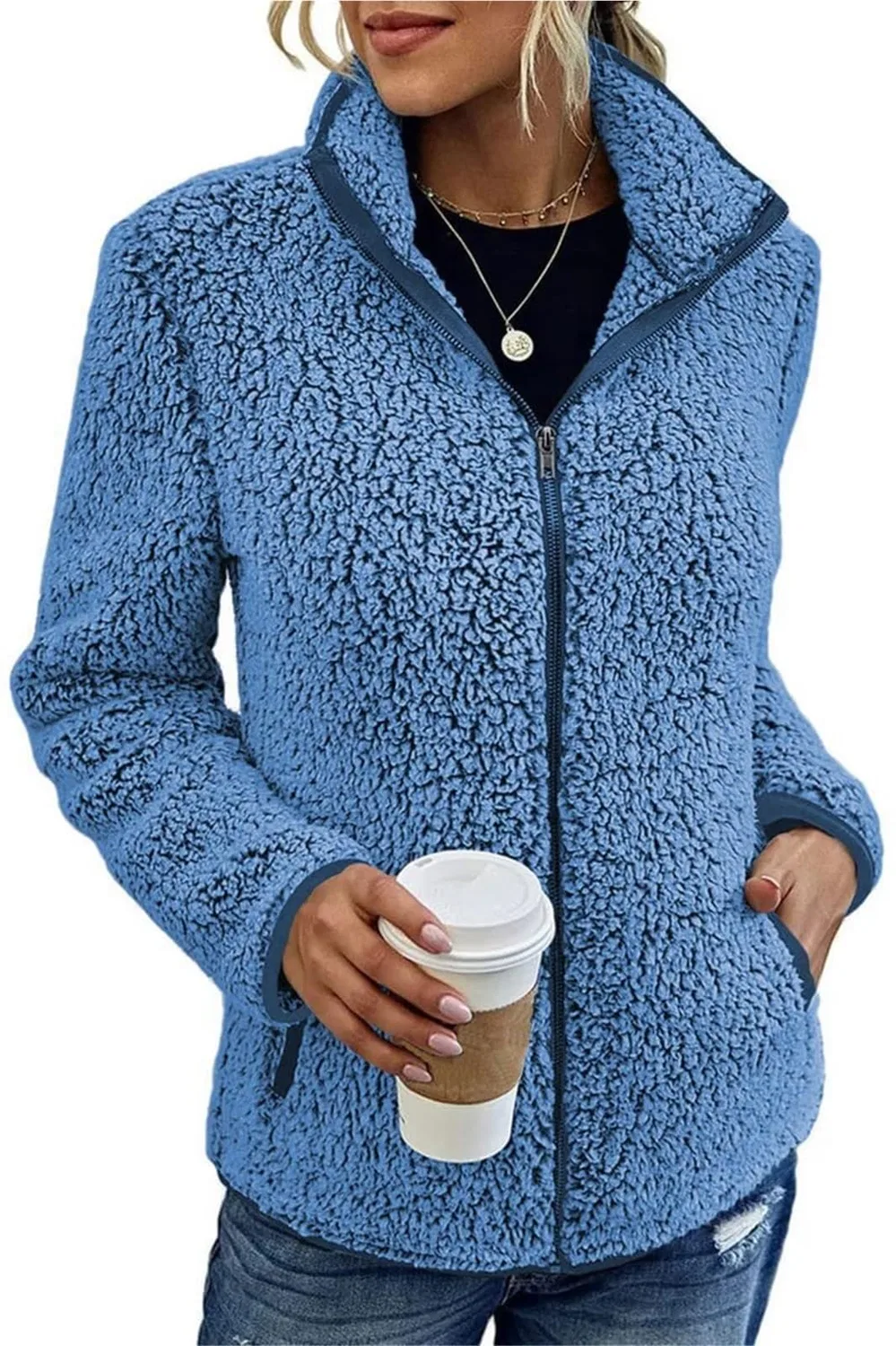Женская куртка из флиса с высоким воротником и молнией, Light blue — фото 2
