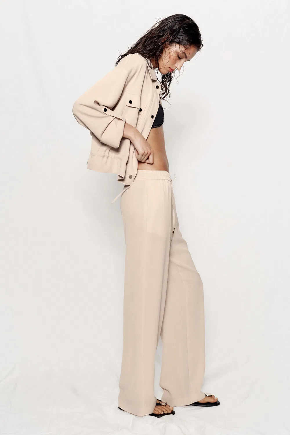 Свободные брюки с эластичным поясом ZARA, Beige — фото 4