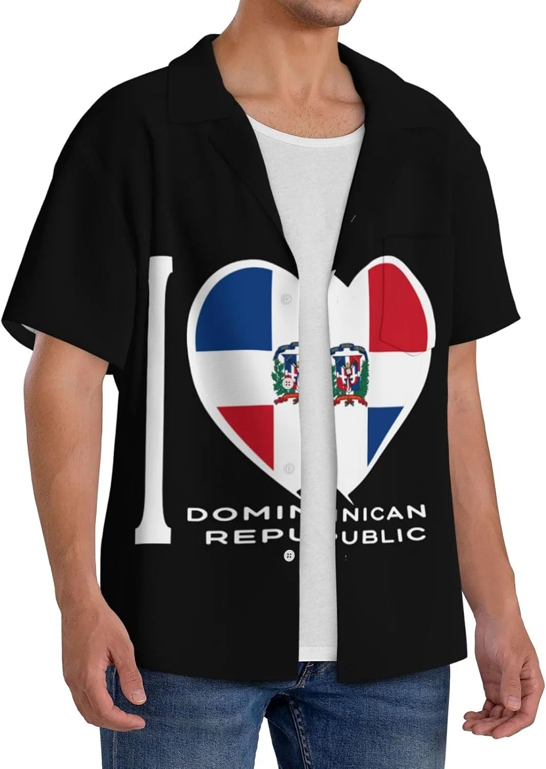 Мужская свободная рубашка с кубинским воротником I Love Dominican Republic, Black — фото 2