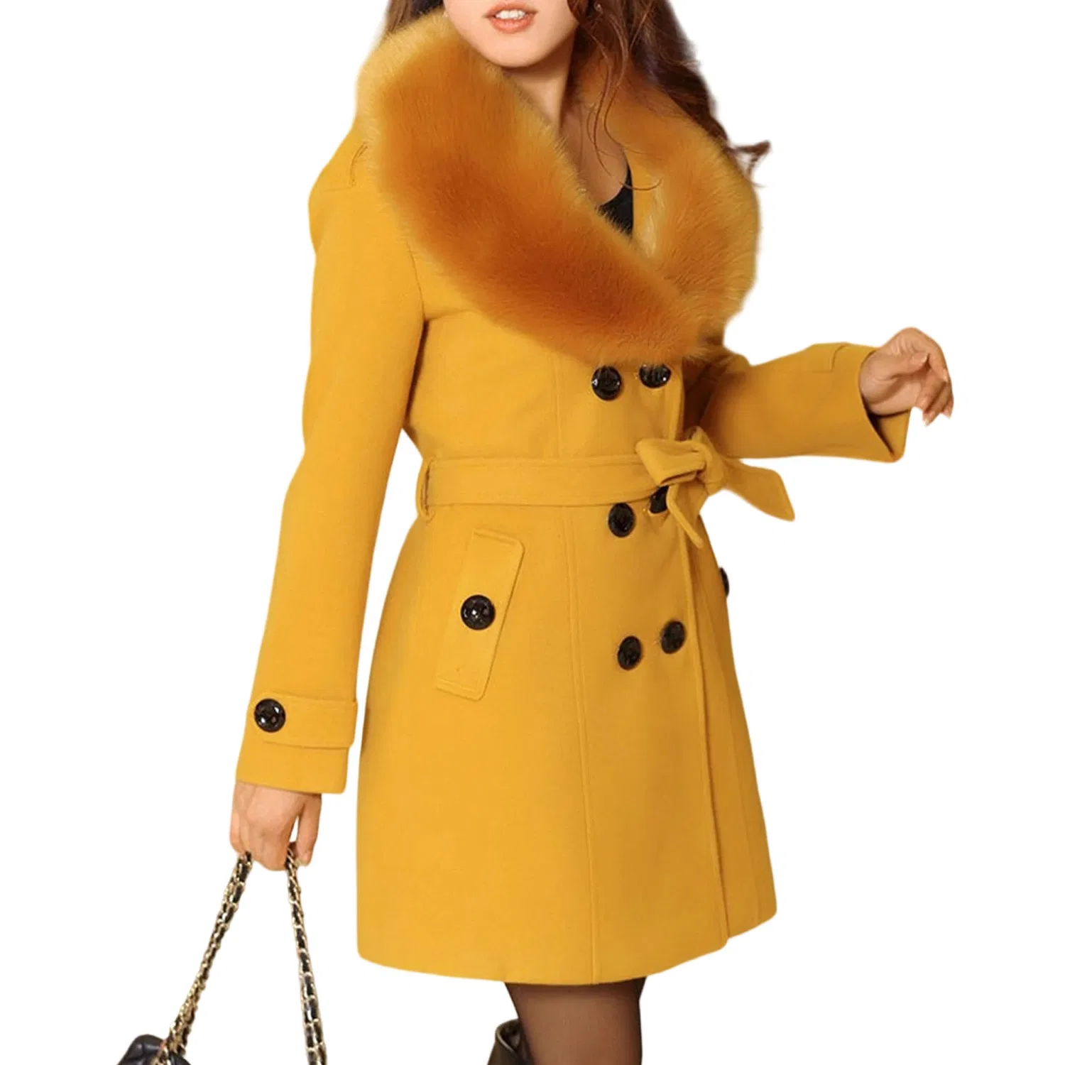 Женское двубортное зимнее пальто с поясом, yellow