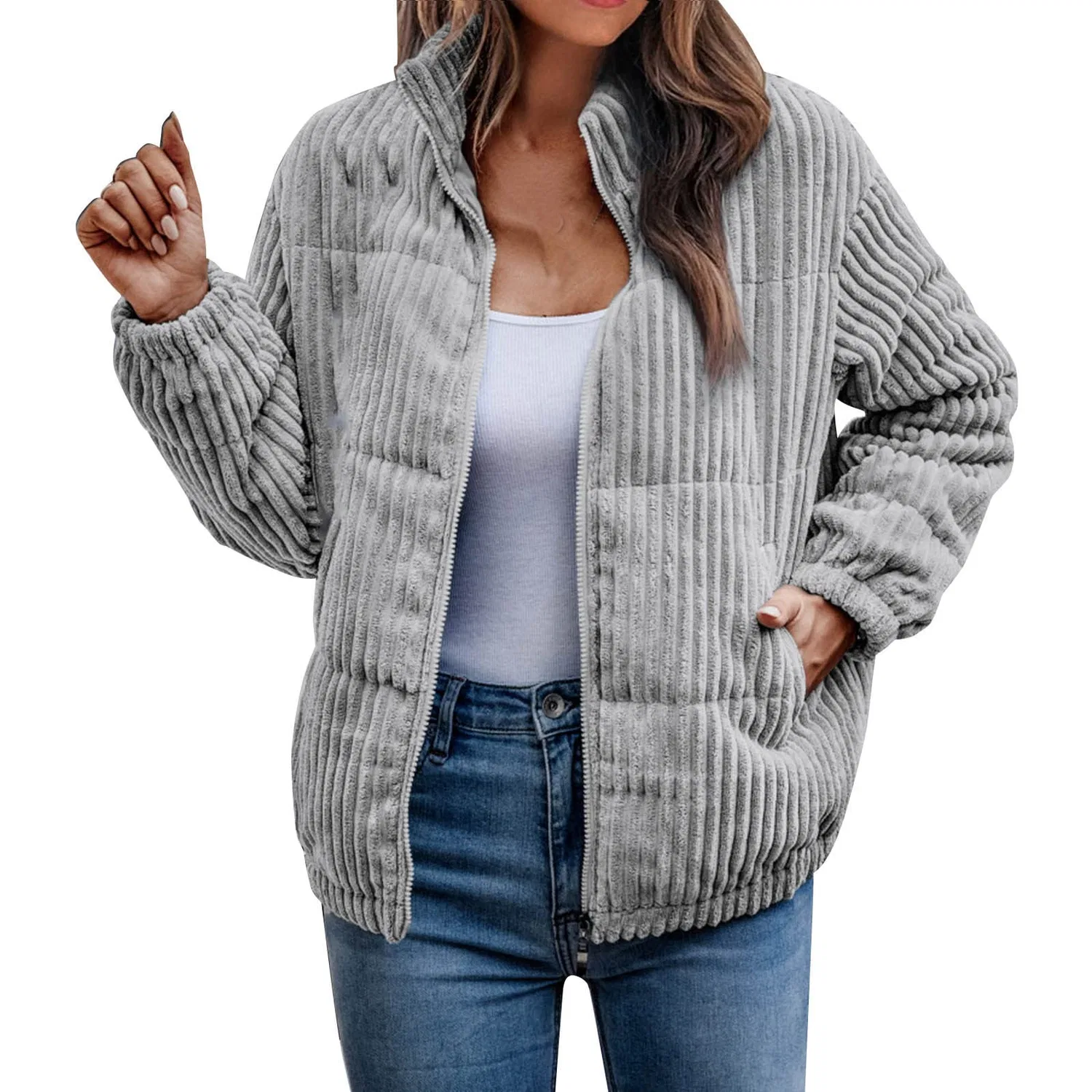 Женская куртка-бомбер на молнии с принтом, Corduroy Lightweight Quilted Bomber, Grigio