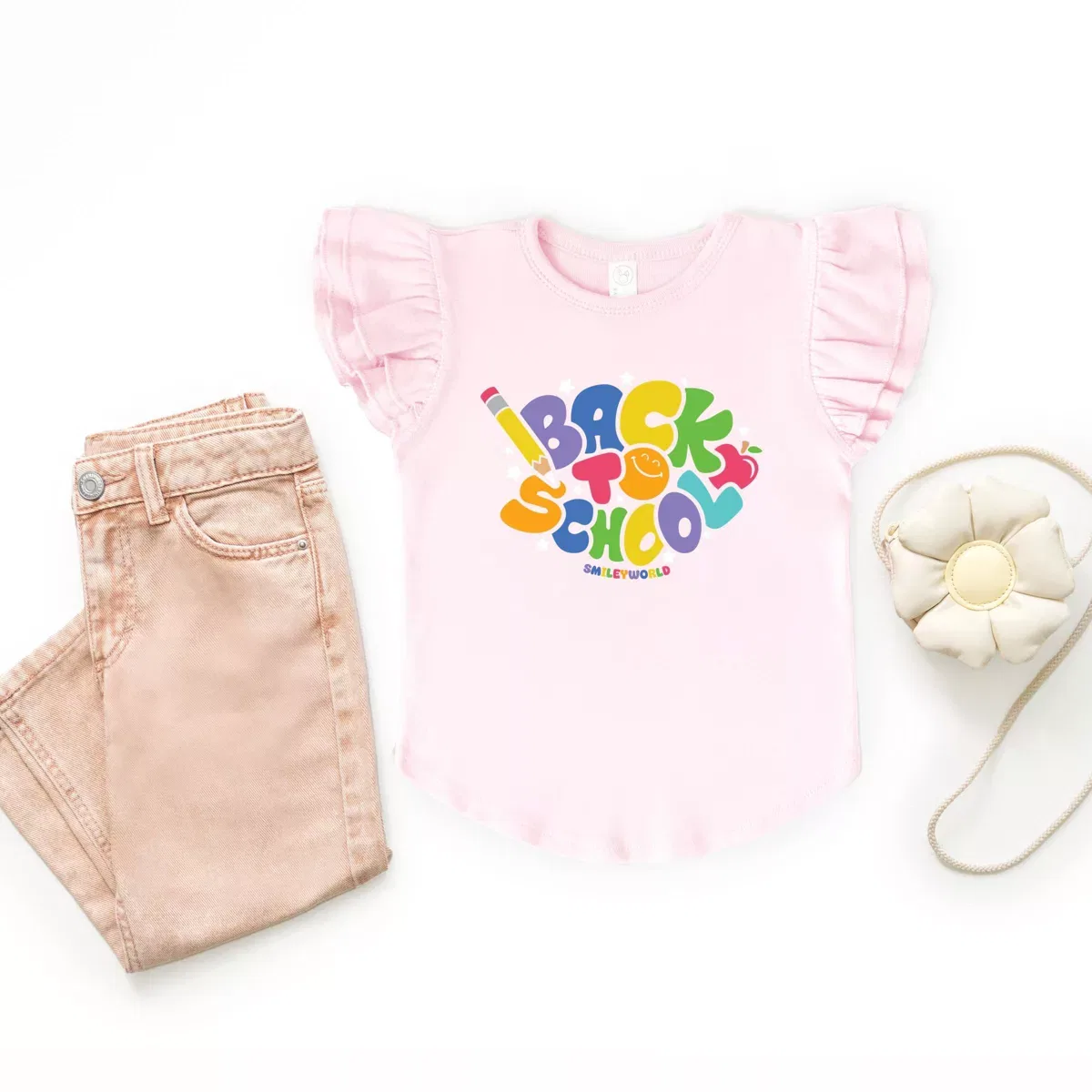 Детская футболка для девочек с принтом SmileyWorld Back To School Stars The Juniper Shop, Seafoam — фото 3