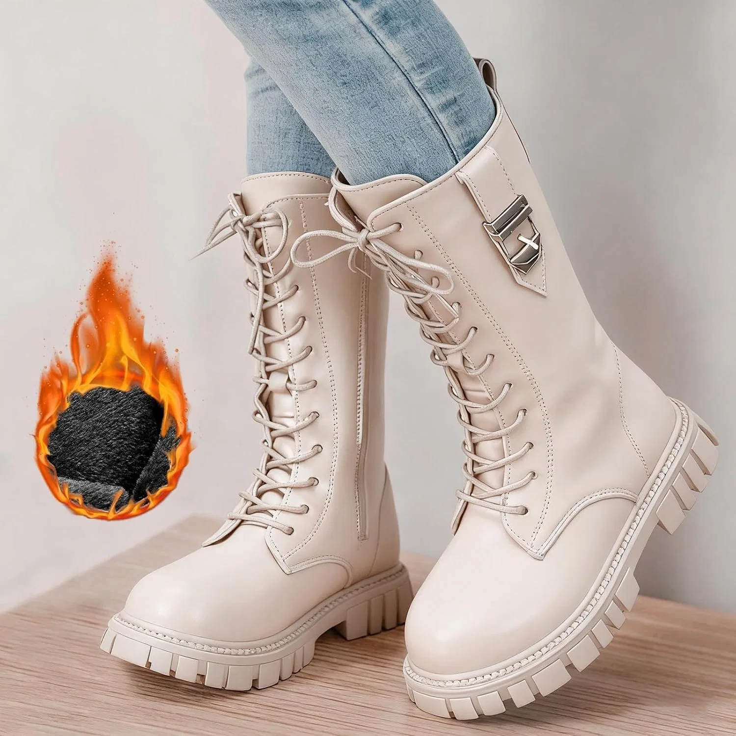 Детские ботинки для девочек на шнуровке с боковой молнией, модель Combat Boots, PU кожа, White — фото 2