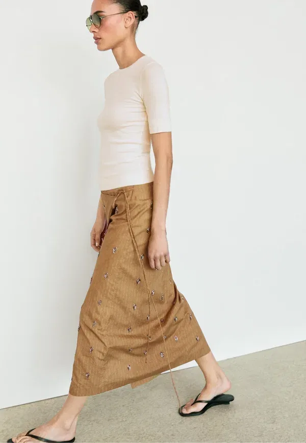 Юбка с аппликациями Midi pareo skirt, Massimo Dutti, горчичный желтый — фото 4
