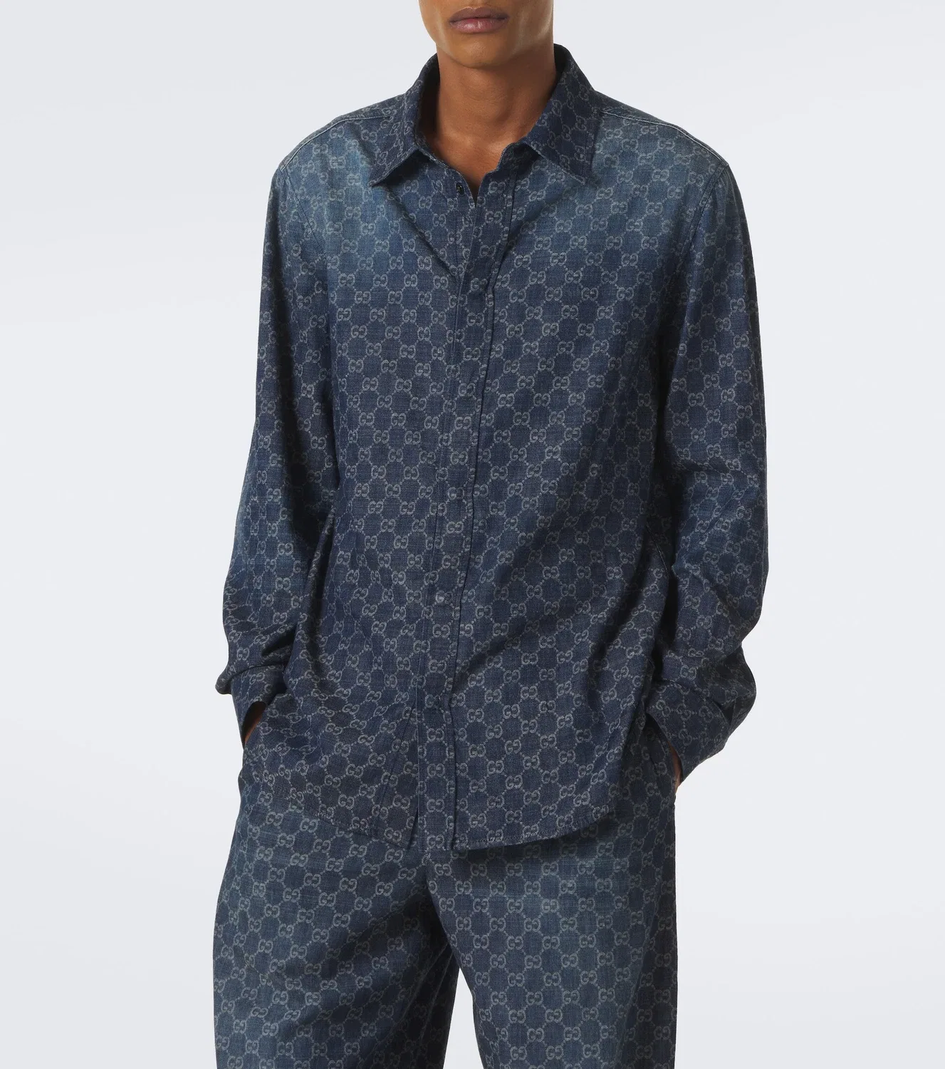 Рубашка из шамбре с жаккардовым узором Gucci, синий — фото 3