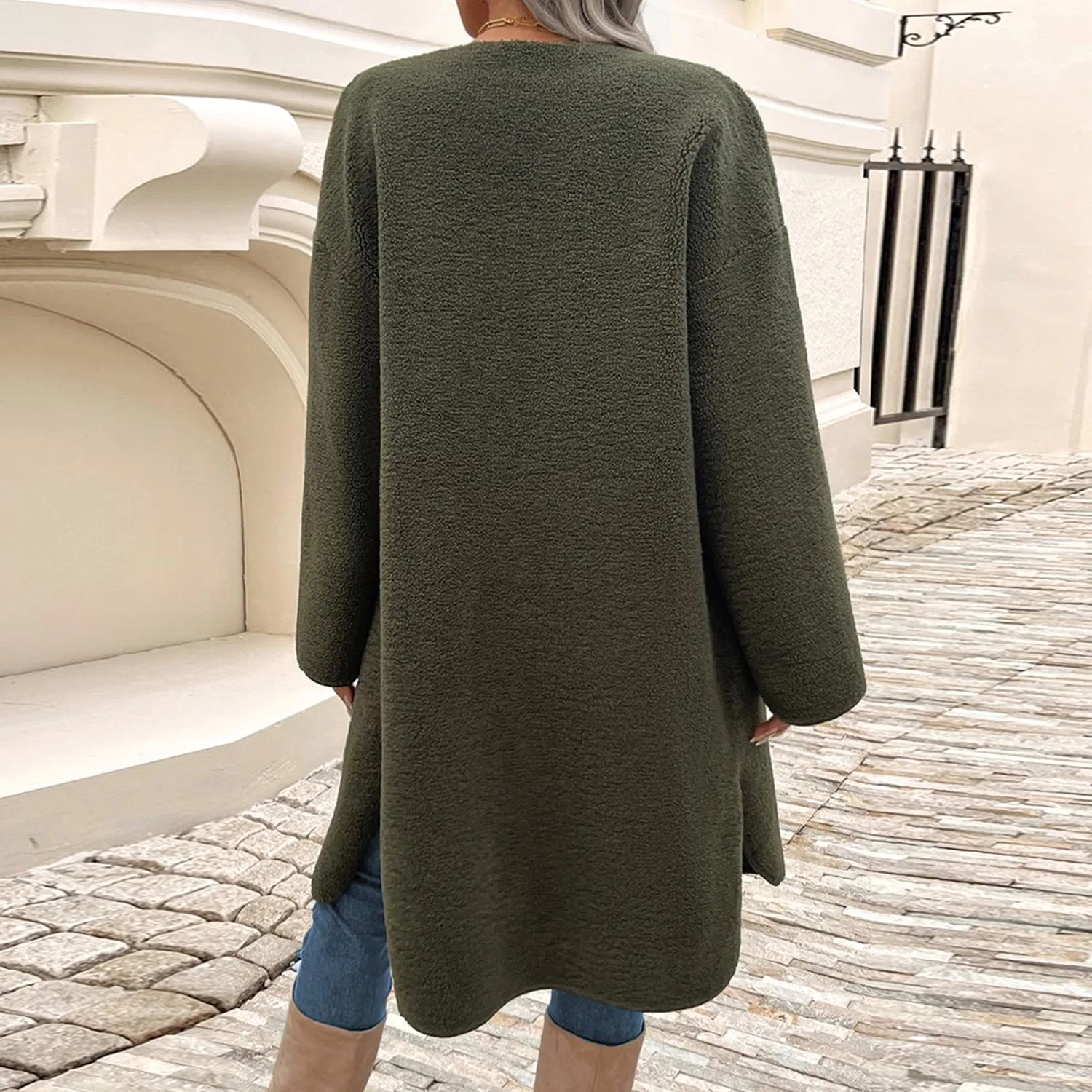 Женское пальто из искусственного меха с длинным рукавом, army green — фото 3