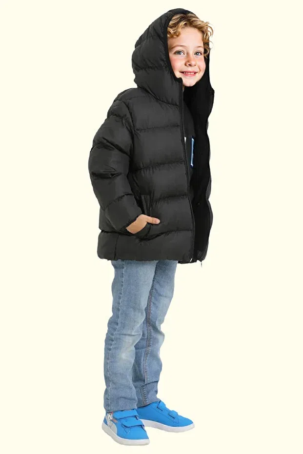 Детский зимнее пуховик с капюшоном с принтом Boy'S Black Fleece Hooded Waterproof Windproof Puffed Winter Coat Firststops, Black — фото 3