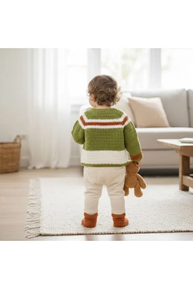 Детский кардиган для девочек в полоску Hand knitted soft plus green orange white striped pocket cardigan Evitle, Green — фото 2