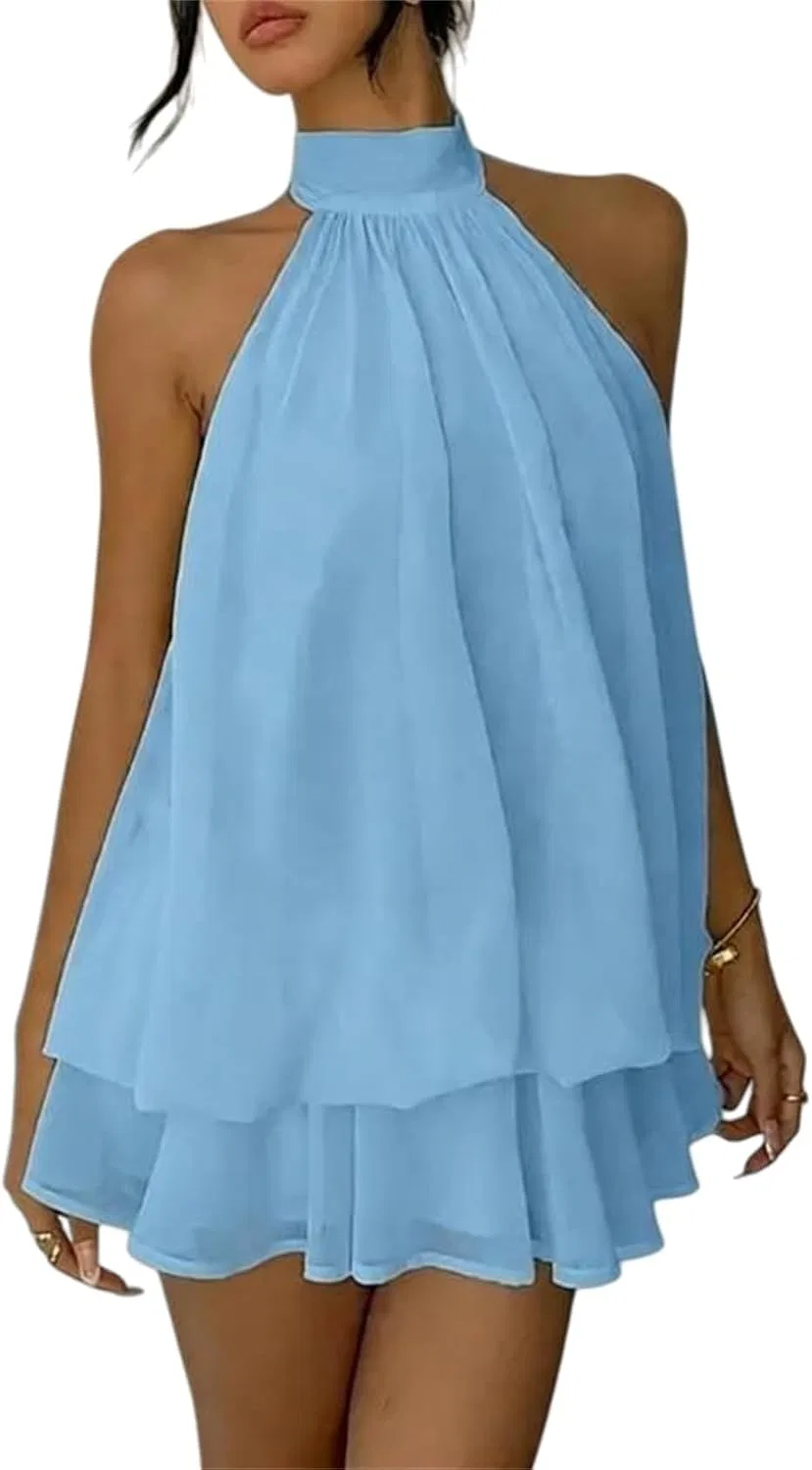 Женское коктейльное платье с запахом, без рукавов, модель Chiffon Halter, голубой