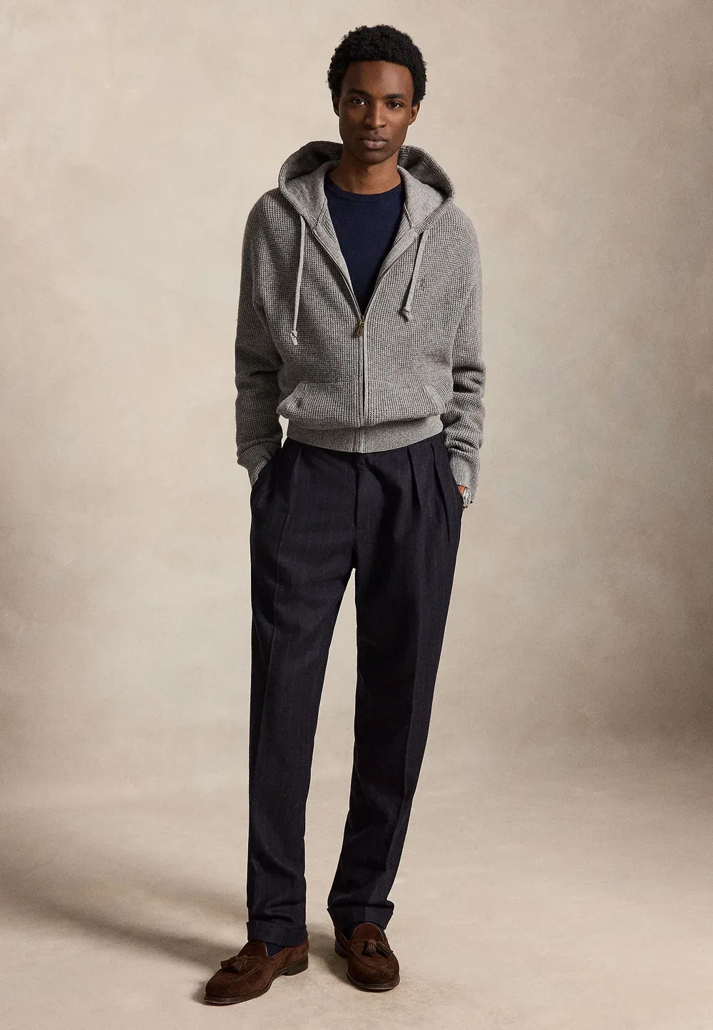 Вафельный свитер с капюшоном из шерсти и хлопка - кардиган Polo Ralph Lauren, Fawn Grey Heather — фото 2