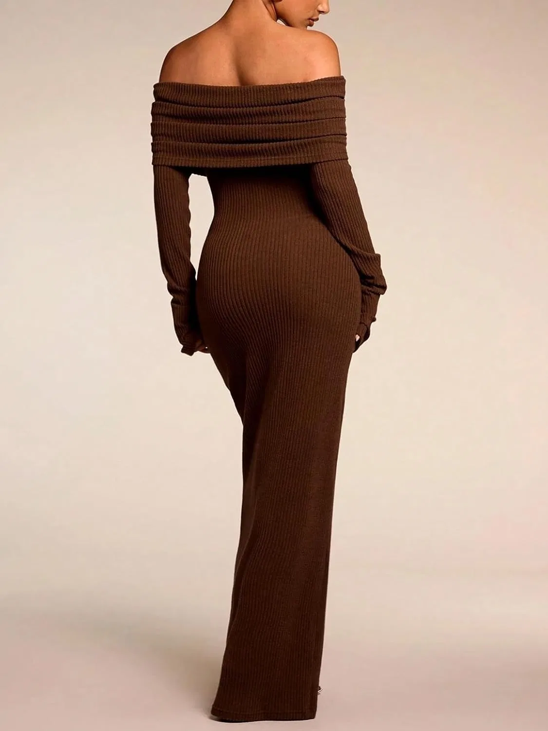 Женское длинное платье облегающее с рукавами Sweater Dresses, Coffee Brown — фото 2