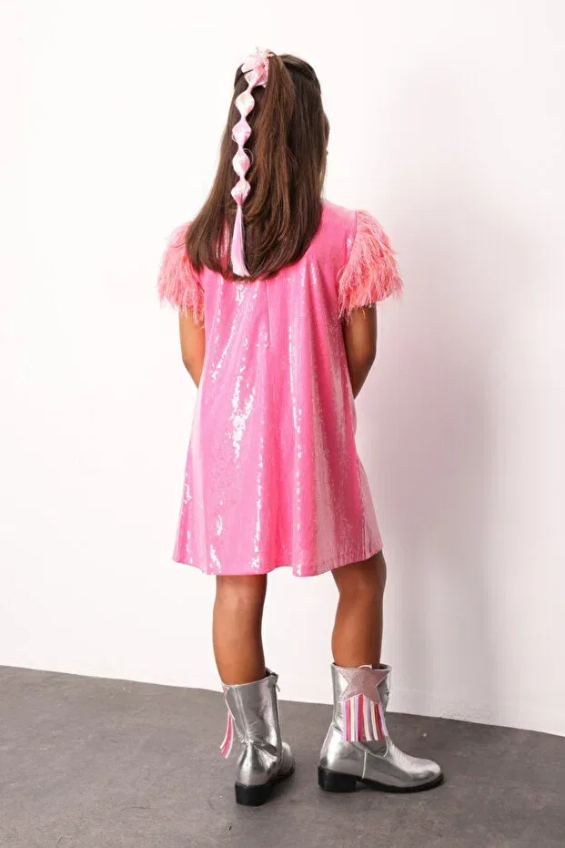 Детское платье для девочек с пайетками Fuchsia Sleeves Tassel Sequin Girls Dress Delit Le Mabelle, Fuchsia — фото 3