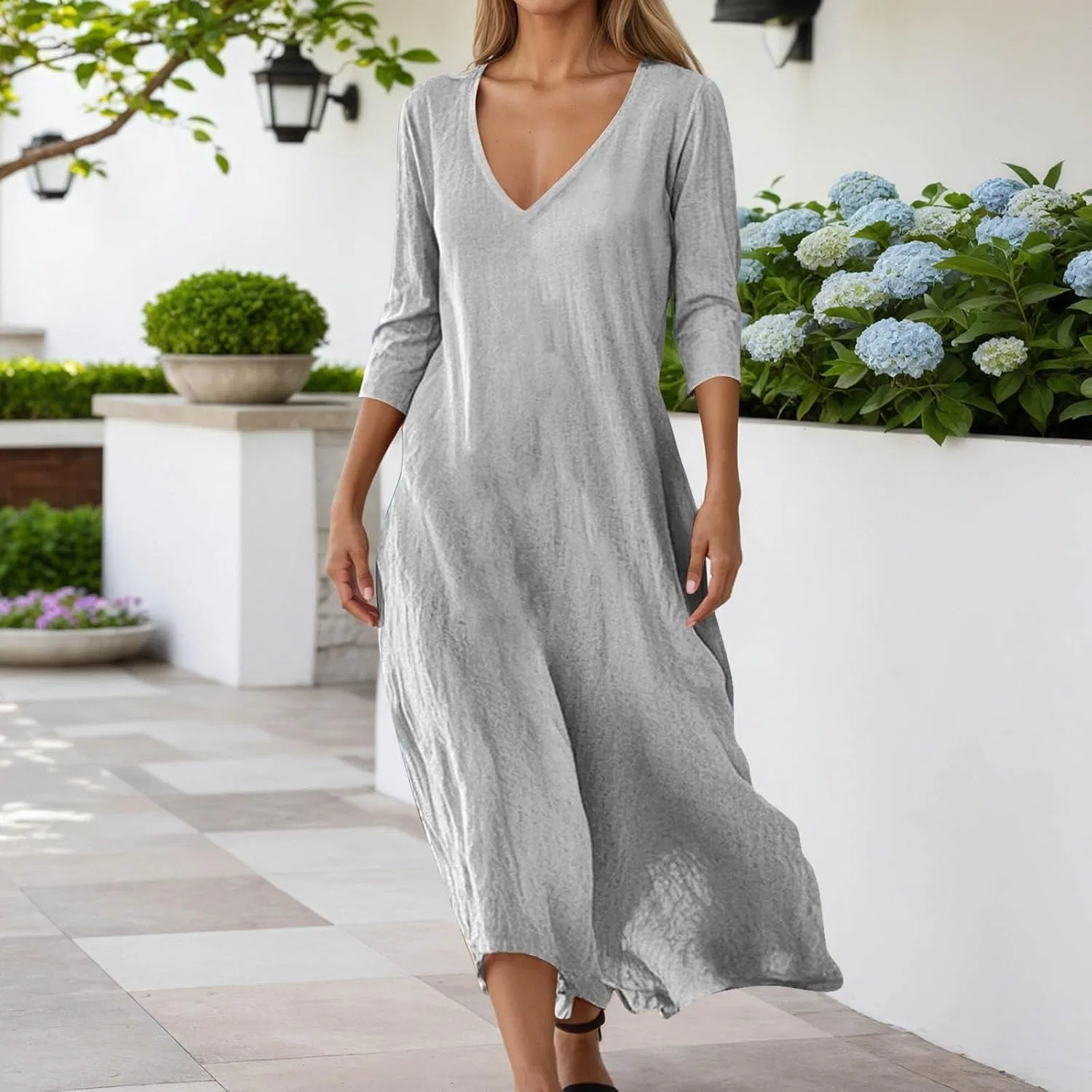 Женское летнее макси-платье богемного стиля с V-образным вырезом Cotton Linen Long Dress for Women, Grey — фото 2