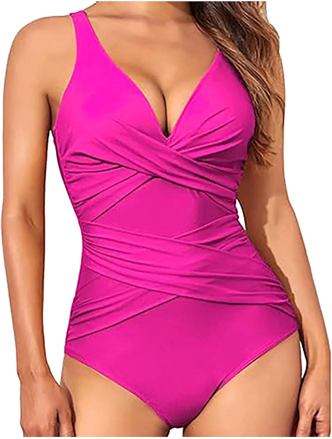 Женский слитный купальник V-образным вырезом с утяжкой, Hot Pink