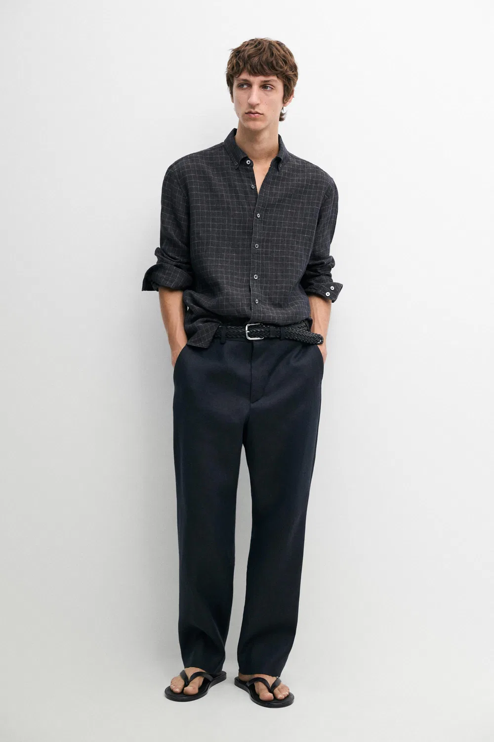 Рубашка в клетку, 100% лен, стандартный крой Massimo Dutti, Lead