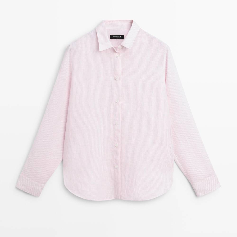 Рубашка Massimo Dutti 100% Linen With Striped Details, розовый