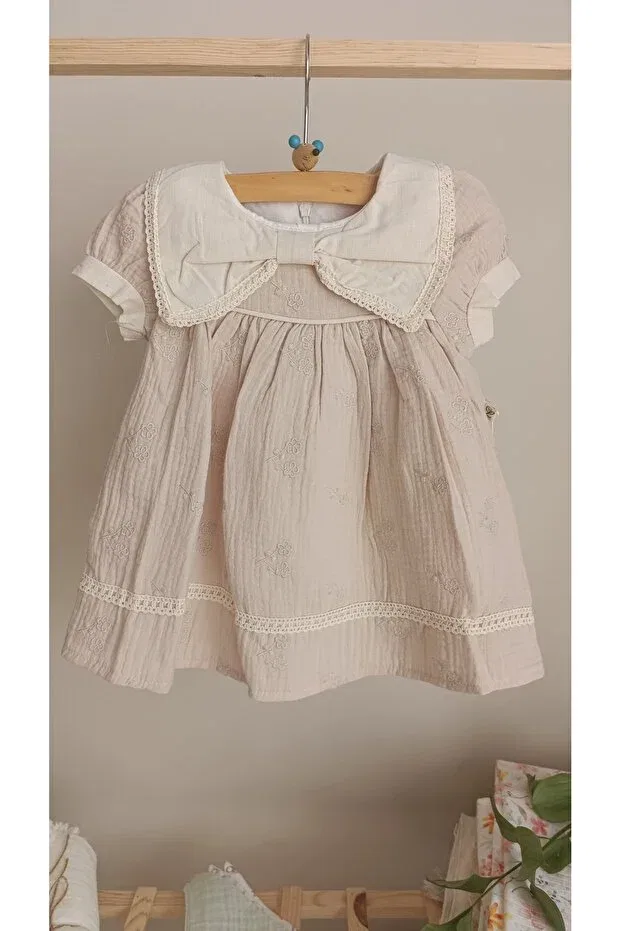 Детское платье для девочек с цветочным принтом Muslin fabric baby - girl patterned dress Pure Baby Natura, Ecru — фото 4