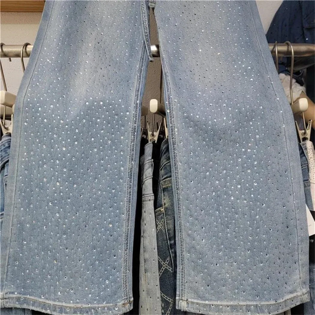 Джинсы деним Grey, Women High Waist Straight Jeans Heavy Spliced Diamond Design Vintage Denim Pants Summer Casual Chic — фото 2