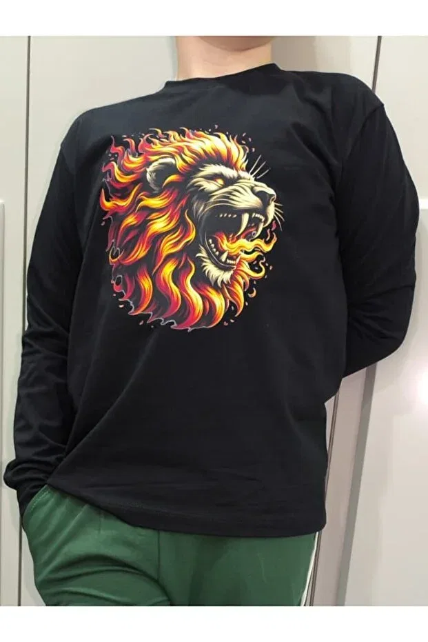Детские свитшот для мальчиков с принтом Flame Lion Themed Pidal Giyim, Black — фото 3
