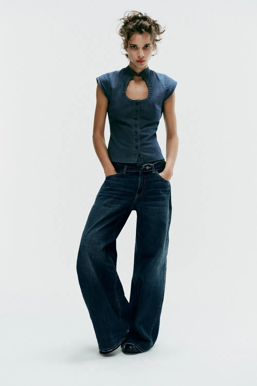 Джинсы TRF со средней посадкой, складками и поясом ZARA, Navy blue