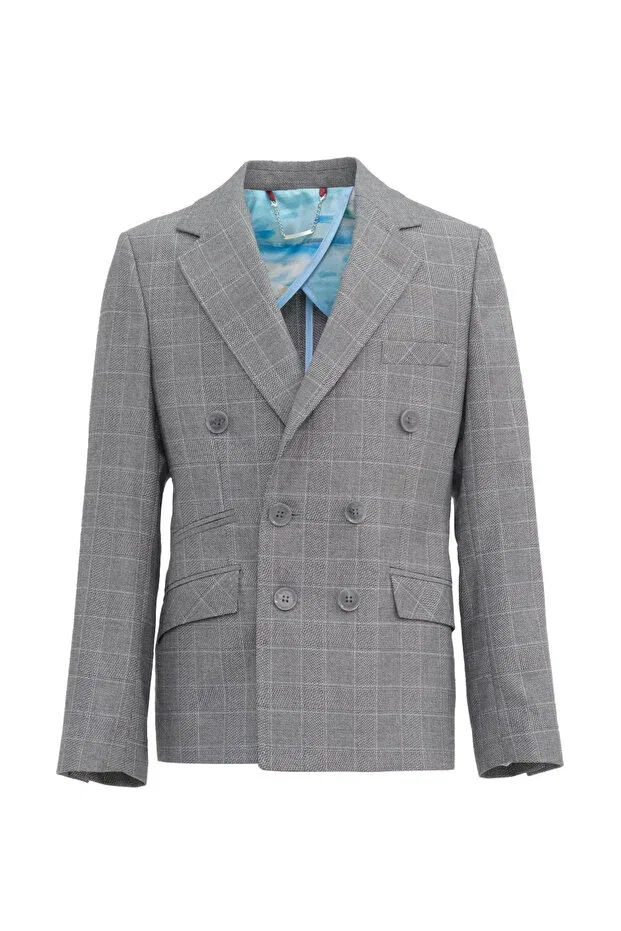 Детский для девочек пиджак с принтом Boy'S gray plaid patterned wide collar half patterned lined double-breasted sports blazer jacket Micio, Gray — фото 2