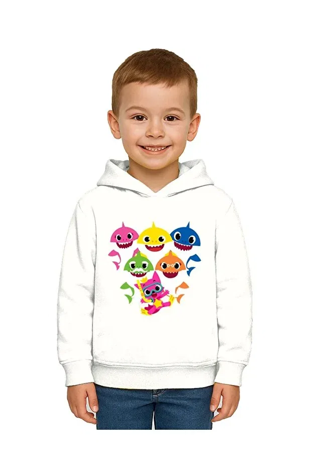 Детские свитшот для девочек с принтом Unisex Baby Shark Printed Children's Sweatshirt Hooded 3 Thread Rased Sedirli, White — фото 2