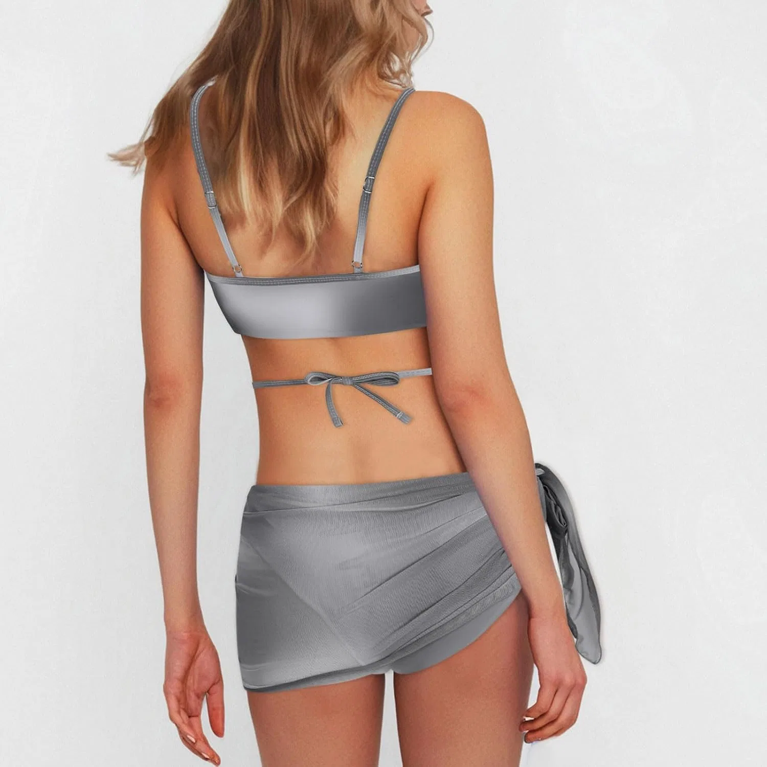 Женский бикини-комплект из трех предметов с галстуком и парео Tie Dye, Gray — фото 4