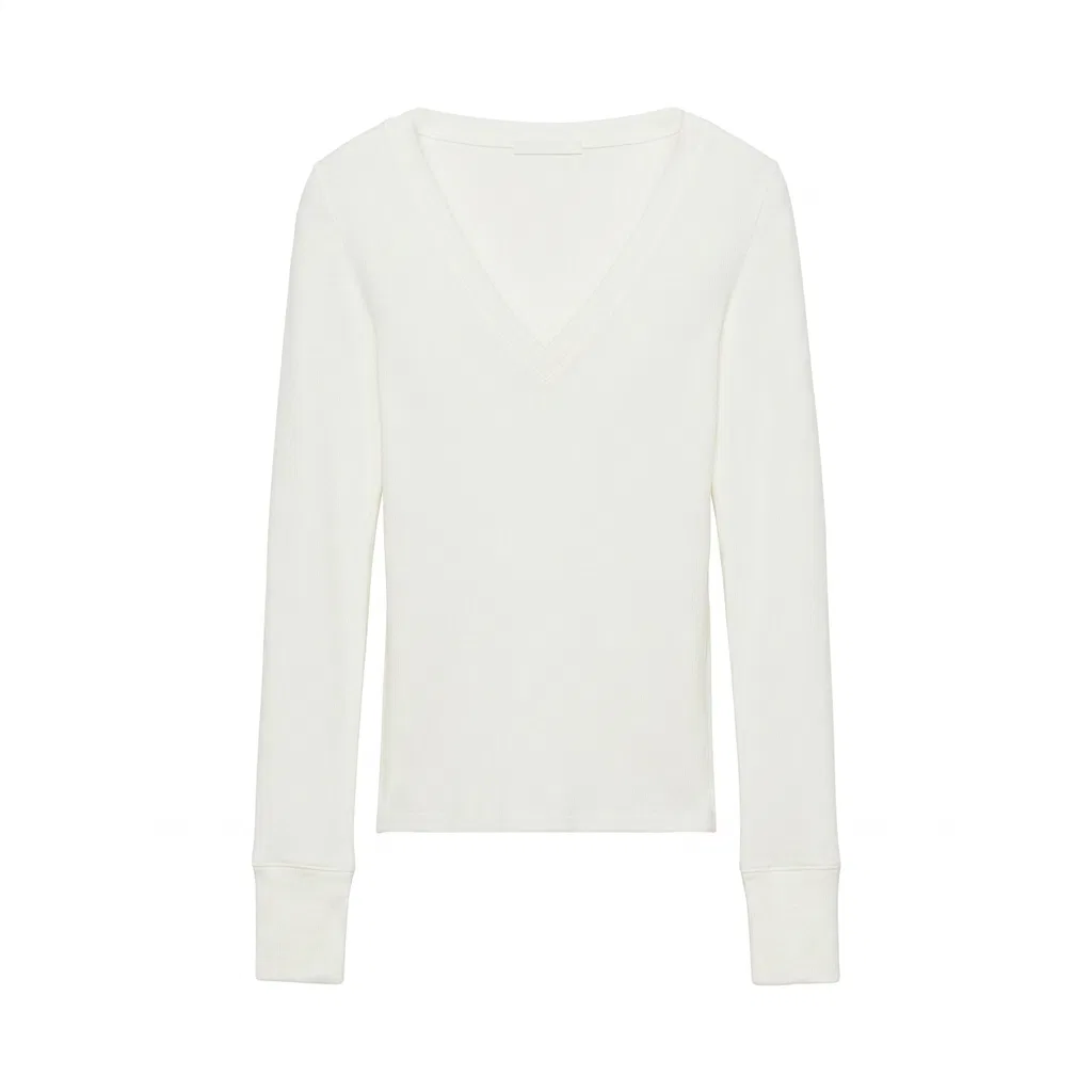 Женская футболка с V-образным вырезом с длинным рукавом ZARA, Frosted White
