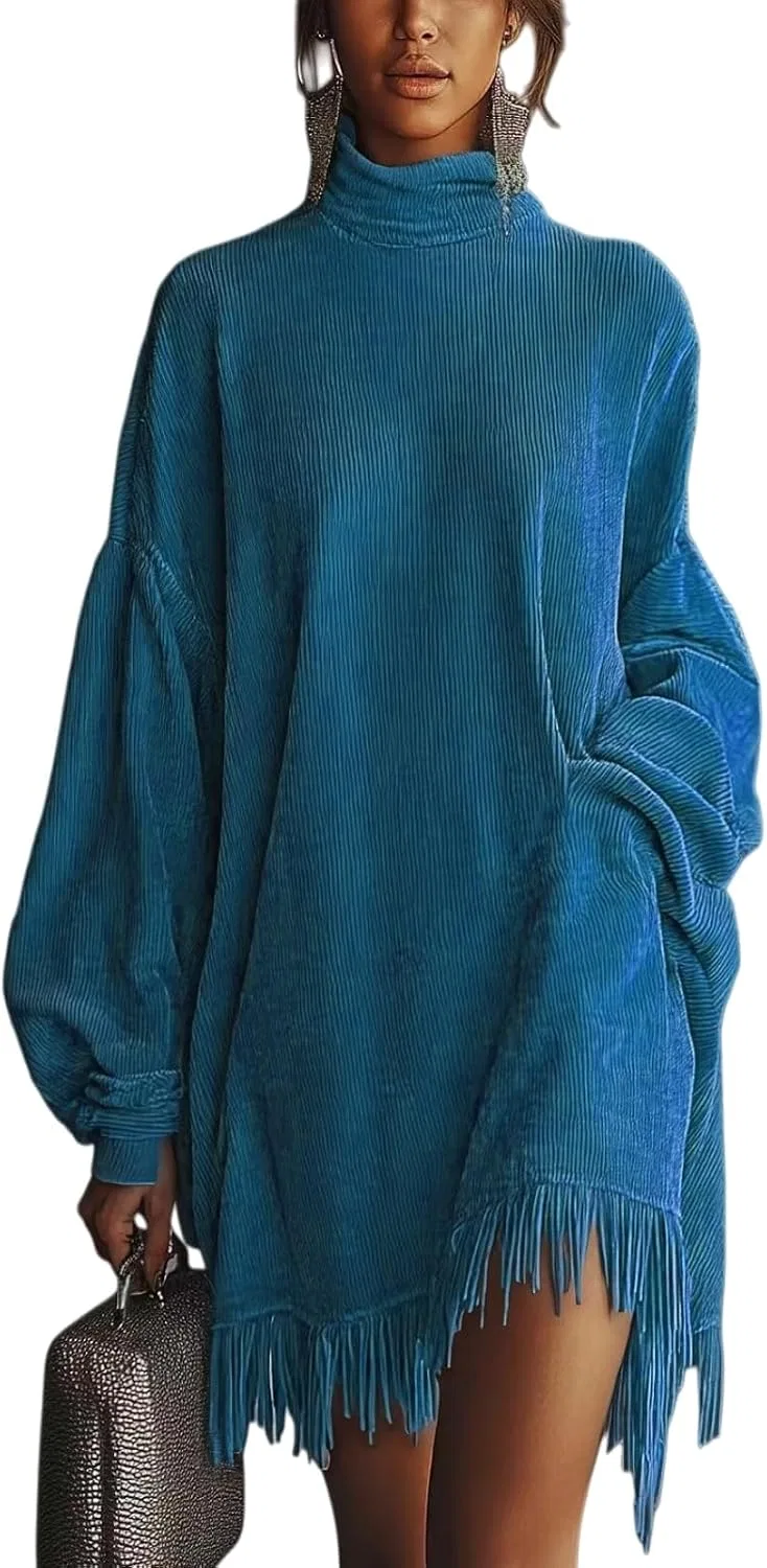 Женское платье мини с бахромой из вельвета Corduroy Dress, Blue