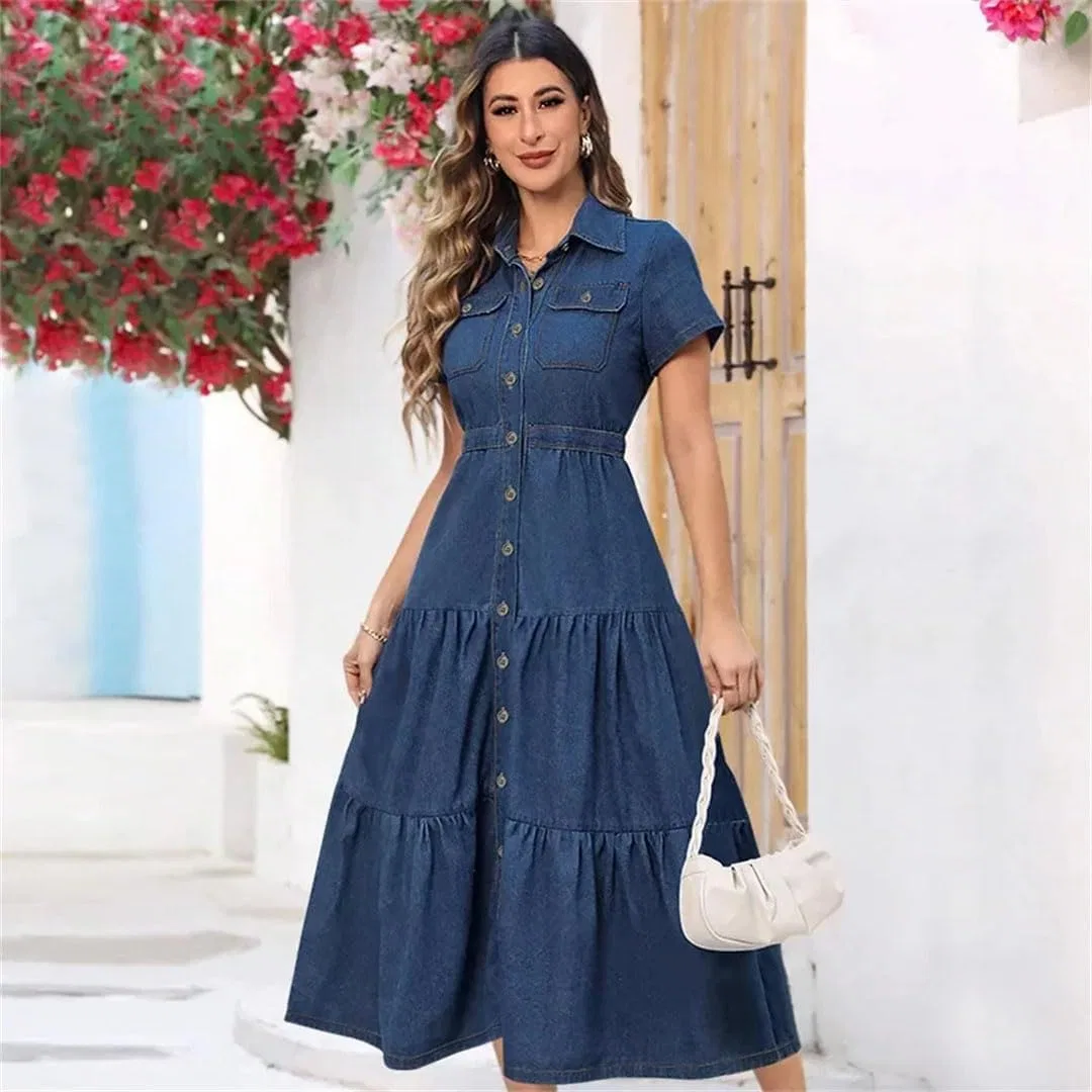 Женское джинсовое платье A-силуэта с отложным воротником Generic, Dark Blue — фото 4