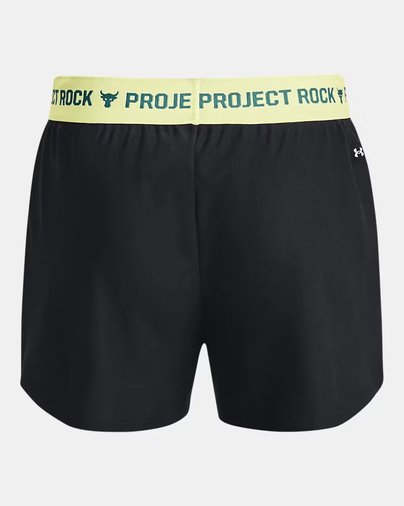 Шорты детские 7,6 см влагоотводящие из переработанного полиэстера Project Rock Play Up UnderArmour, Black/Fade Green/Summit White — фото 2