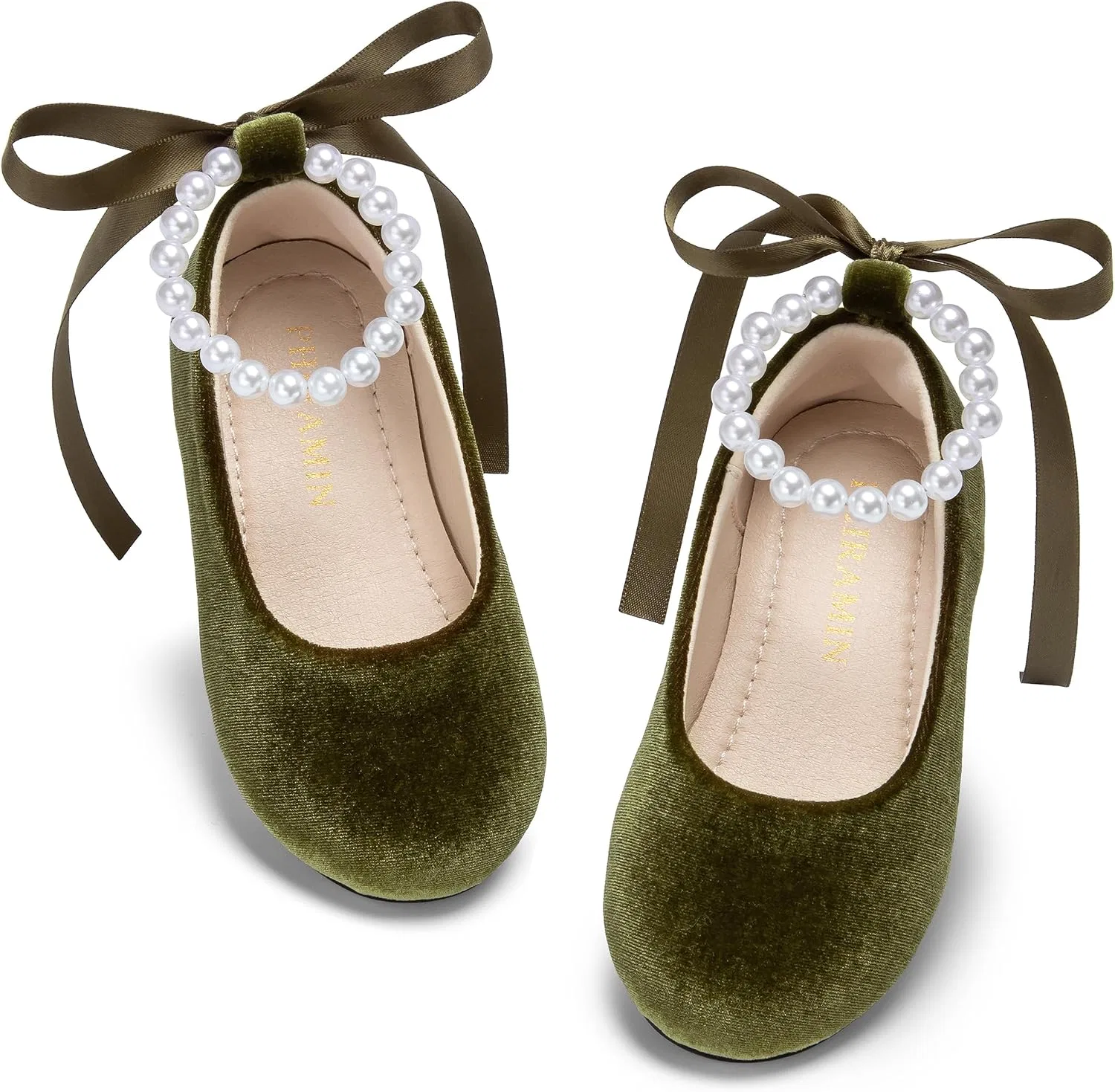 Детские туфли-балетки для девочек с жемчужным ремешком PHIRAMIN, Velvet Green Pearl Strap