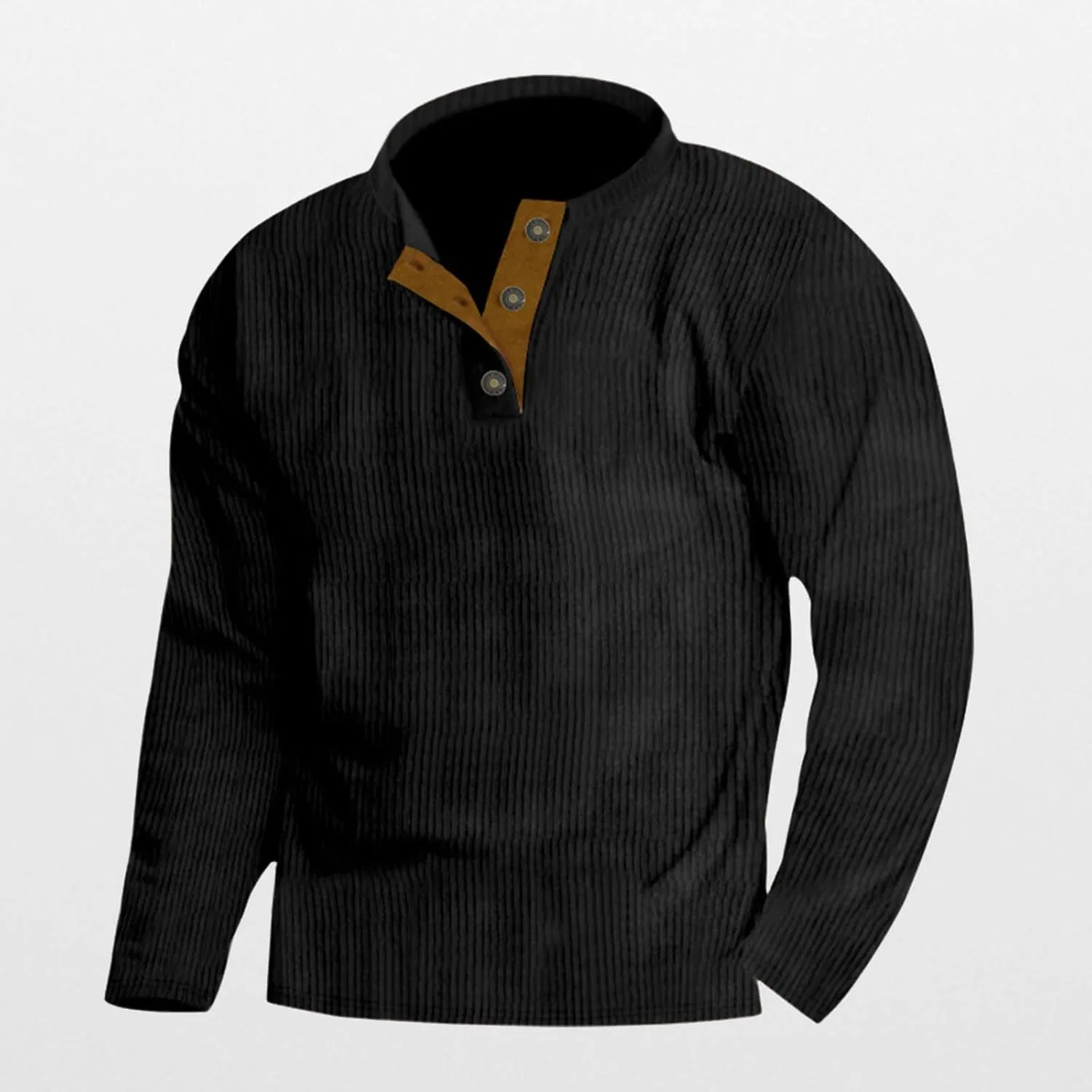 Мужская свободная вельветовая толстовка Henley с длинным рукавом, Black — фото 2