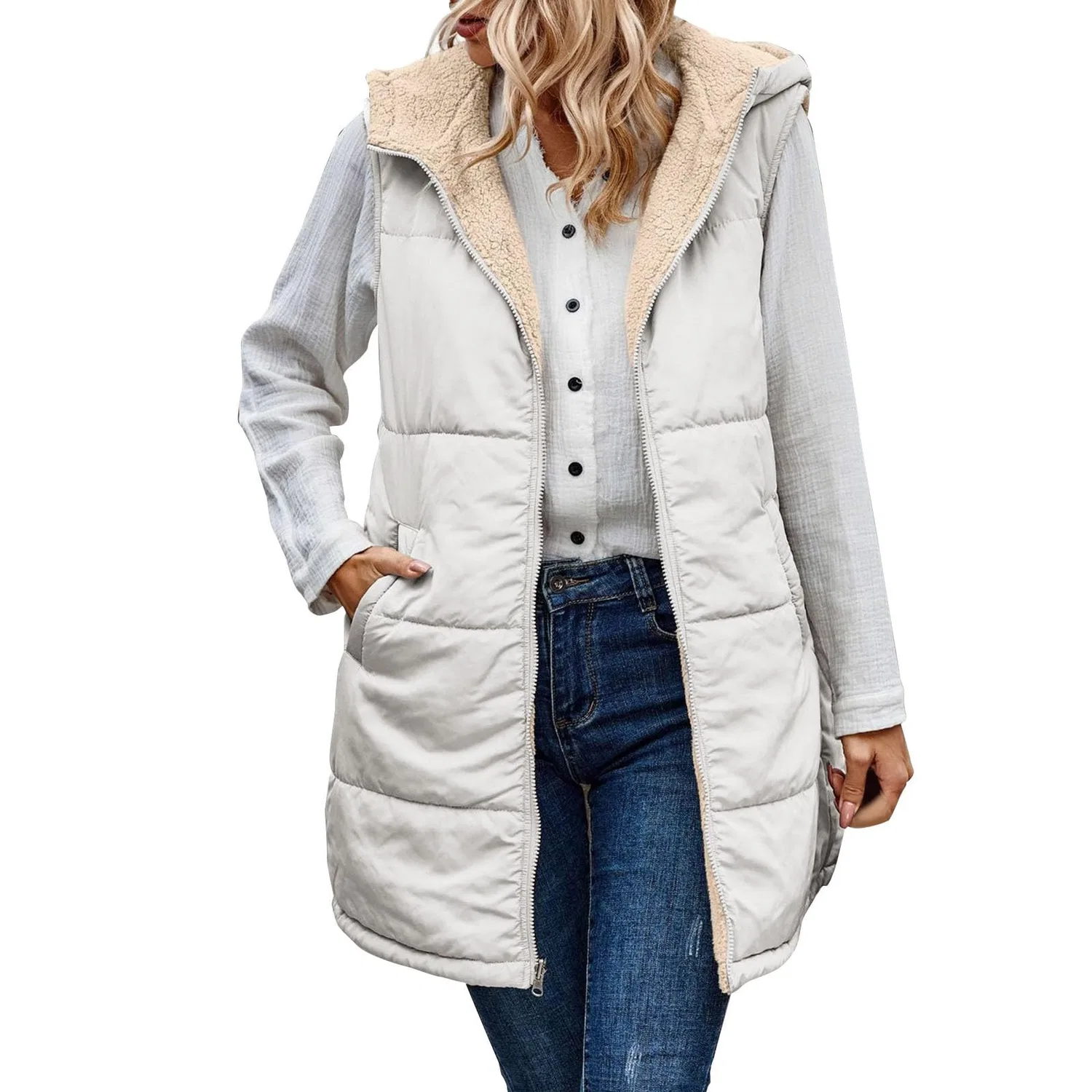 Женский стеганый жилет с капюшоном и длинным рукавом, Silver fleece lining