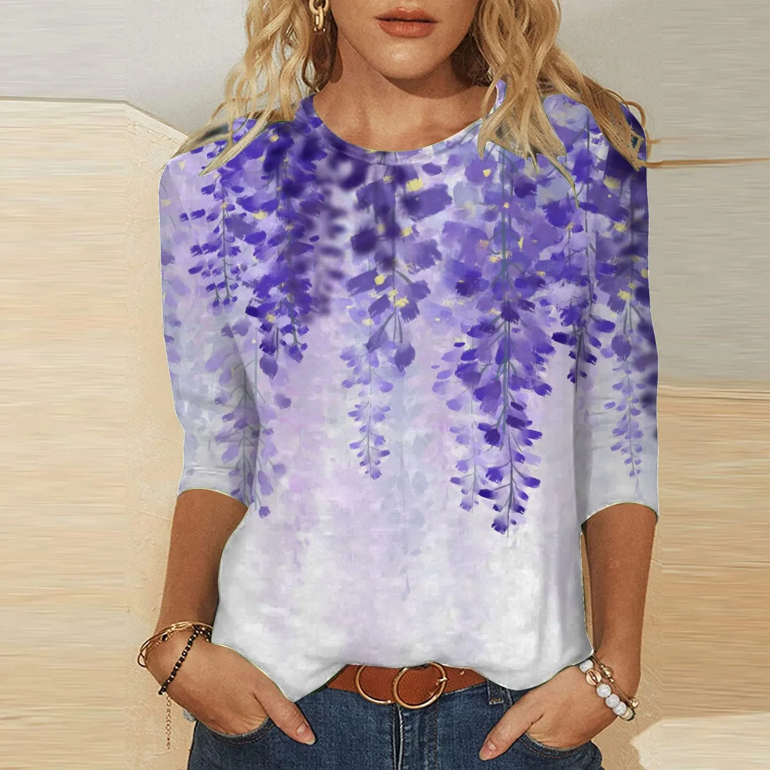 Женская футболка с принтом Plus Size T-Shirts 3/4 Sleeves, Purple #4 — фото 2