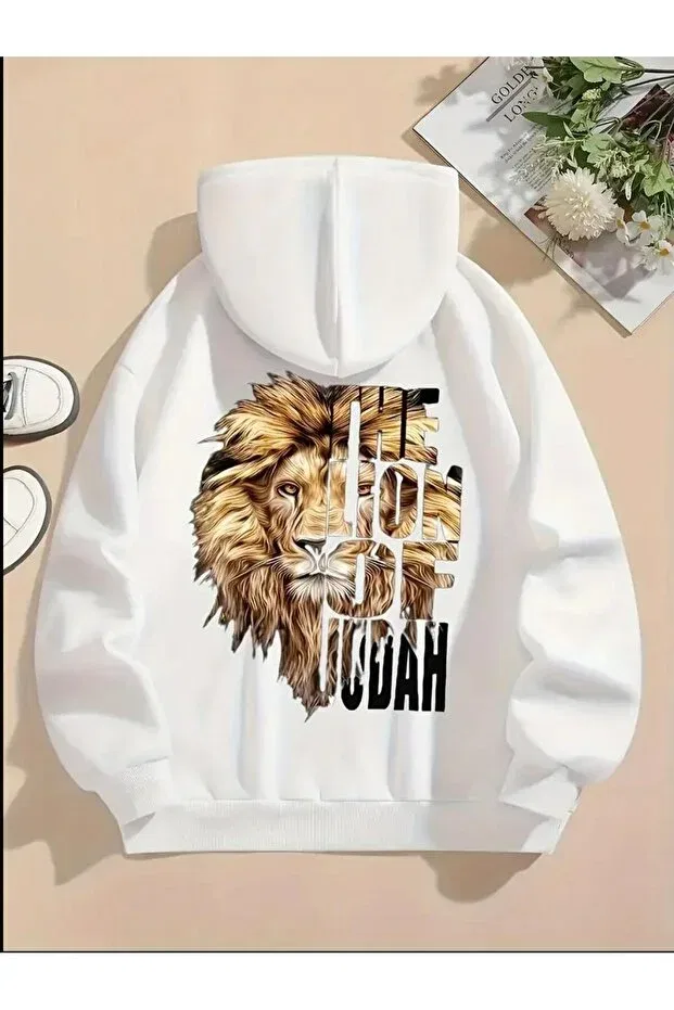 Детское худи для девочек с принтом Lion Printed Cotton Kids Sweatshirt - Sari Red Black Hoodie Baxia, White1