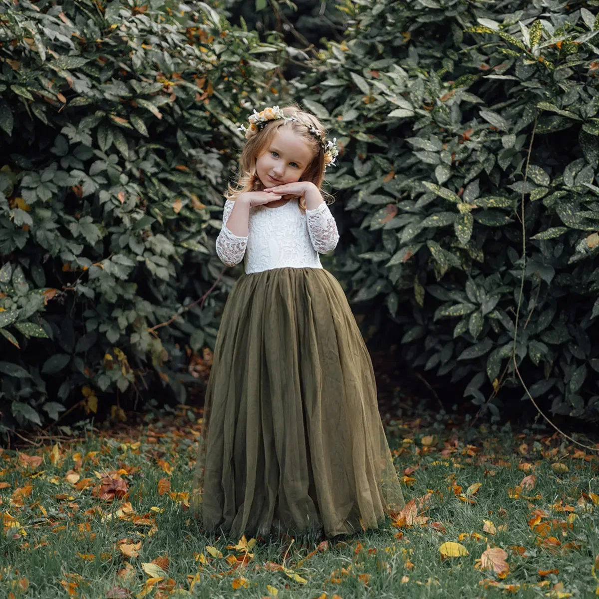 Детское классическое платье с длинным рукавом Uk Flower Girl Boutique, Olive — фото 3