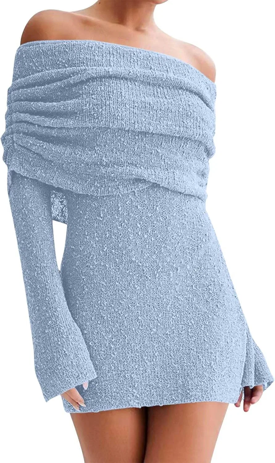 Женское мини-платье с открытыми плечами и рукавами-колокол, Light Blue