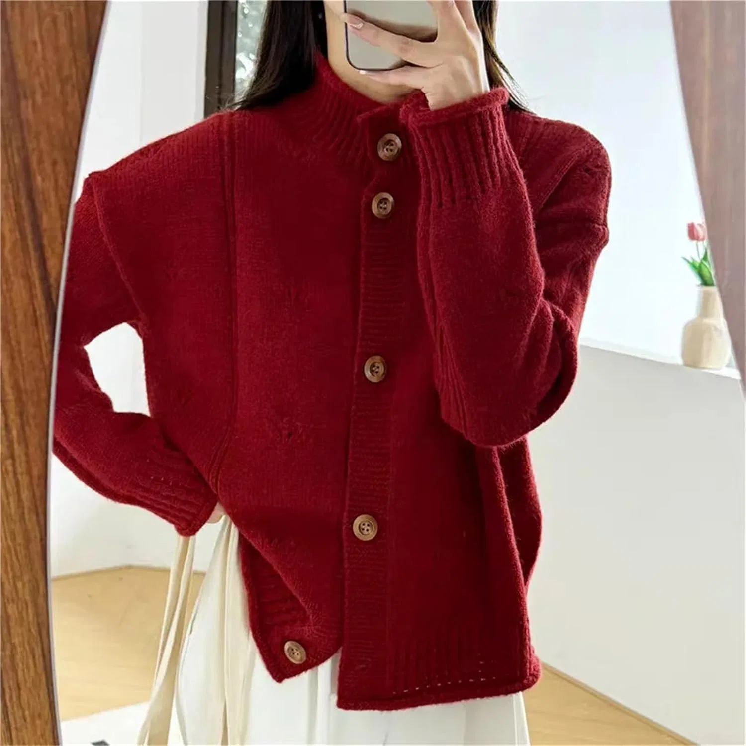 Женский кардиган с воротником-стойкой, модель Korean Style Vintage, красный — фото 3