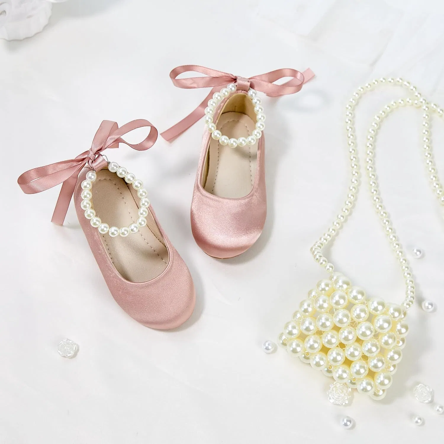 Детские туфли-балетки для девочек с жемчужным ремешком PHIRAMIN, Pink Pearl Strap — фото 2
