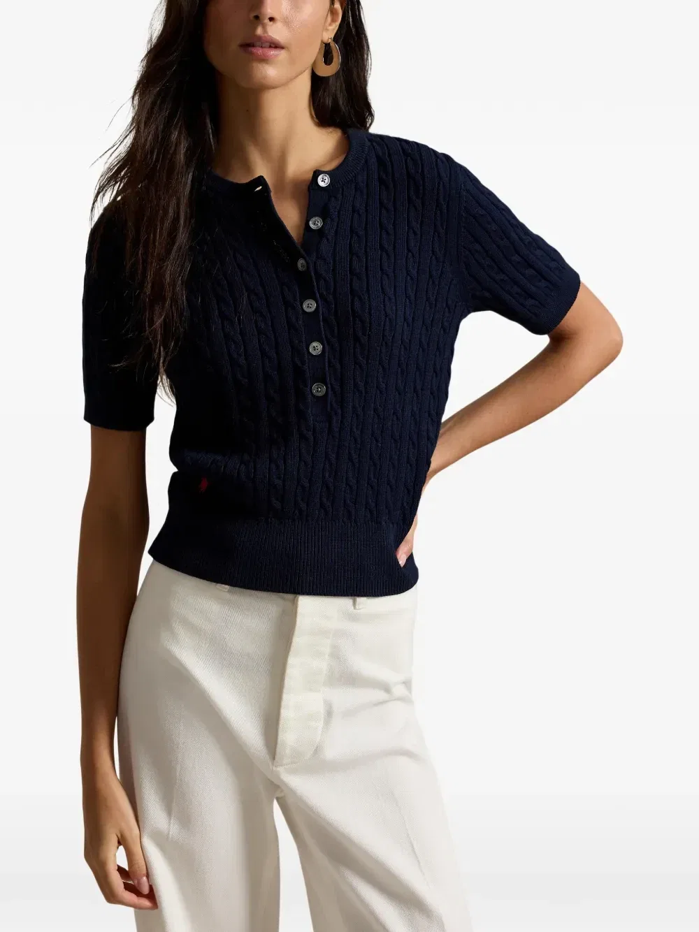 Топ фактурной вязки с короткими рукавами Polo Ralph Lauren, синий — фото 3