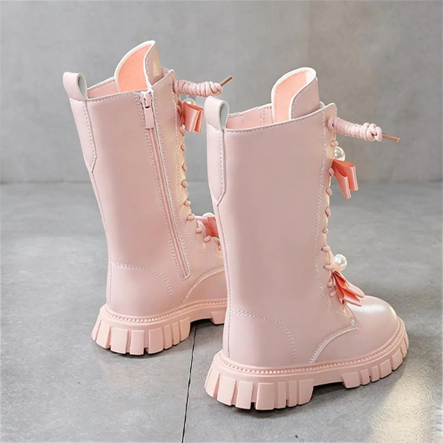 Детские ботинки на шнуровке с бантом и жемчугом Girls Lace Up Combat Boots Zzalalana, Pink — фото 3