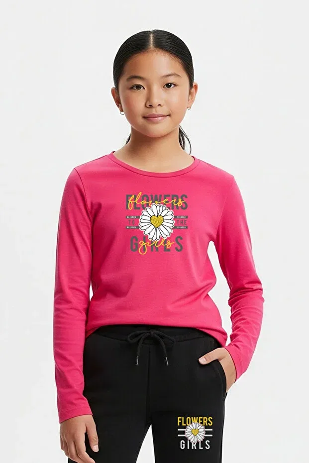 Детский спортивный костюм для девочек с принтом Round Neck Flowers Printed Panios Kids, Fuchsia — фото 2