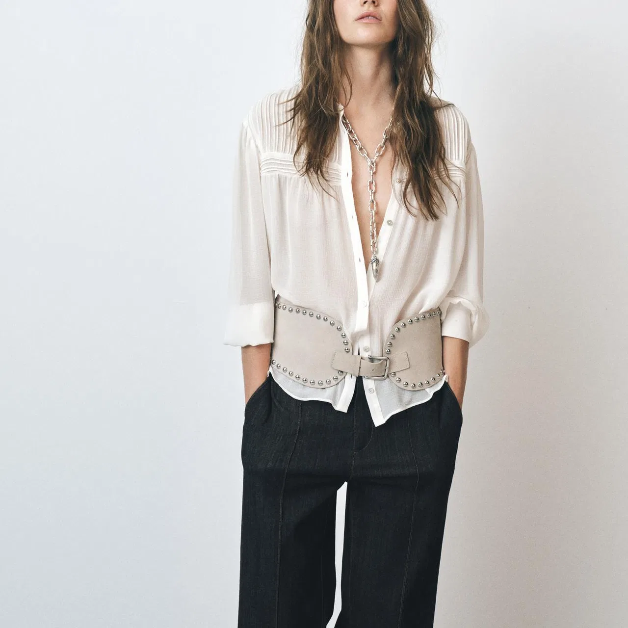 Женская рубашка с круглым вырезом, белая, ZARA, Raw White — фото 4