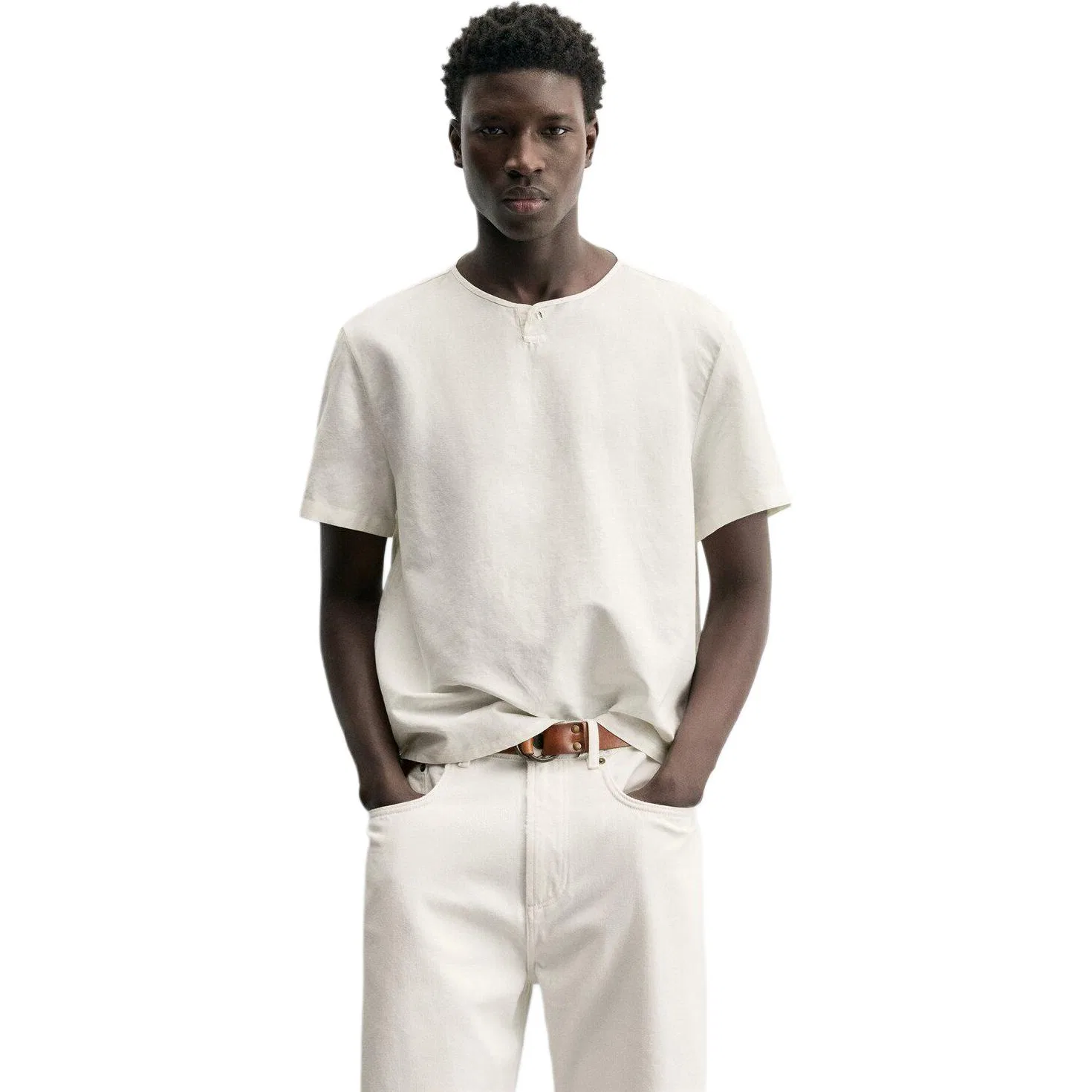 Мужская рубашка с круглым вырезом прямого кроя Frosted White ZARA, Frosted White — фото 3
