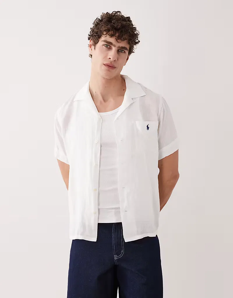 Рубашка льняная с коротким рукавом и логотипом icon Polo Ralph Lauren, белый