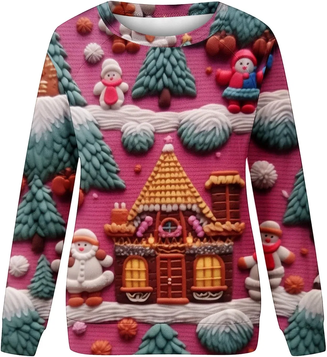Женский свитшот с принтом Ugly Christmas Sweatshirt Women 3D Digital Print Novelty Pullover Tops Funny Santa Xmas Print Tee Cute Crewneck Tops, ярко-розовый — фото 3
