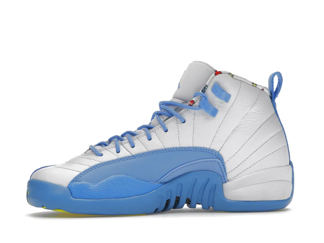 Детские кроссовки Lifestyle с принтом смайлов Jordan 12 Retro, White/Lemon Venom/Vivid Sulfur/University Blue — фото 3